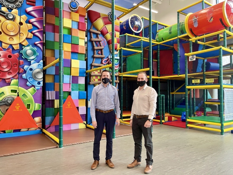 Director of Leisure Services with the City of Weyburn, Andrew Crowe, left, and Manager of Leisure Services with the City of Weyburn, Ryan Dale, in the new MNP Play Place at the Weyburn Credit Union Spark Centre